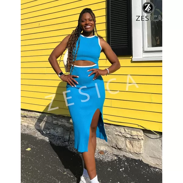 imageZESICA Womens Summer Bodycon Sweater Dress Sleeveless Crew Neck Cut Out Contrast Color Side Slit Pencil DressesCobalt