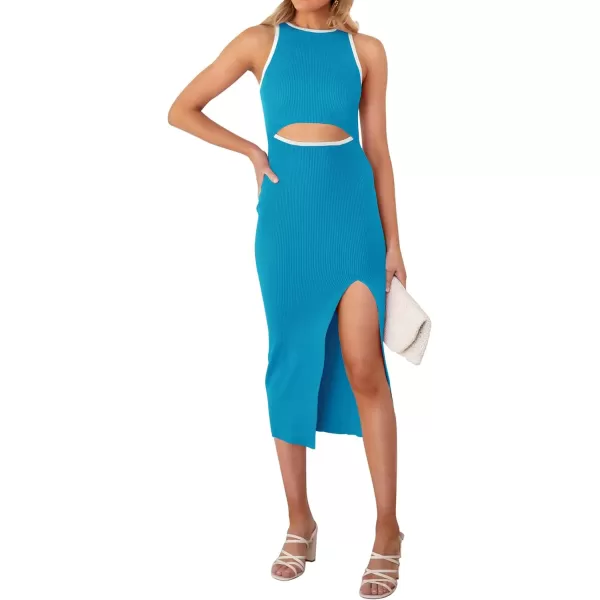 imageZESICA Womens Summer Bodycon Sweater Dress Sleeveless Crew Neck Cut Out Contrast Color Side Slit Pencil DressesCobalt