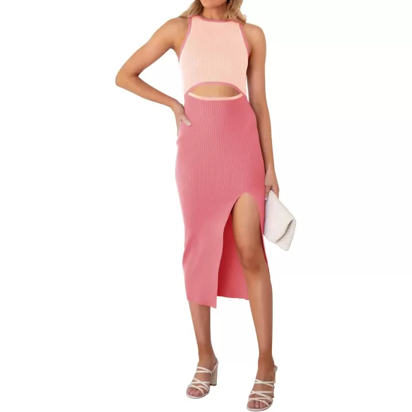 imageZESICA Womens Summer Bodycon Sweater Dress Sleeveless Crew Neck Cut Out Contrast Color Side Slit Pencil DressesDustypink