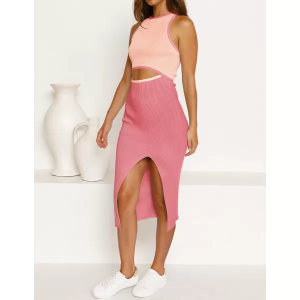 imageZESICA Womens Summer Bodycon Sweater Dress Sleeveless Crew Neck Cut Out Contrast Color Side Slit Pencil DressesDustypink