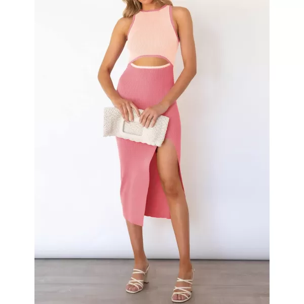 imageZESICA Womens Summer Bodycon Sweater Dress Sleeveless Crew Neck Cut Out Contrast Color Side Slit Pencil DressesDustypink