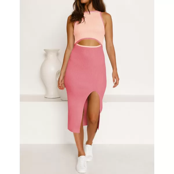imageZESICA Womens Summer Bodycon Sweater Dress Sleeveless Crew Neck Cut Out Contrast Color Side Slit Pencil DressesDustypink