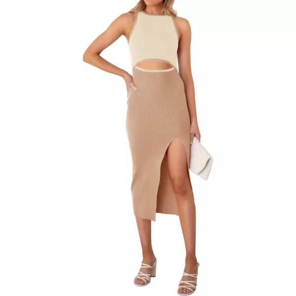 imageZESICA Womens Summer Bodycon Sweater Dress Sleeveless Crew Neck Cut Out Contrast Color Side Slit Pencil DressesKhaki