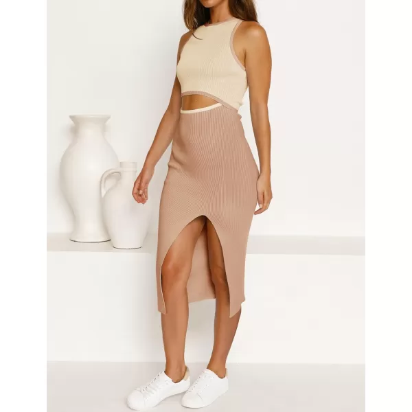 imageZESICA Womens Summer Bodycon Sweater Dress Sleeveless Crew Neck Cut Out Contrast Color Side Slit Pencil DressesKhaki