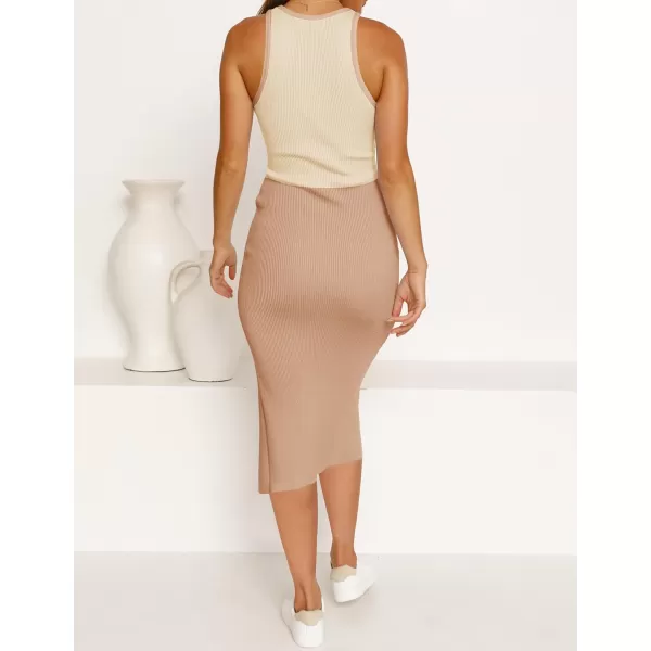 imageZESICA Womens Summer Bodycon Sweater Dress Sleeveless Crew Neck Cut Out Contrast Color Side Slit Pencil DressesKhaki