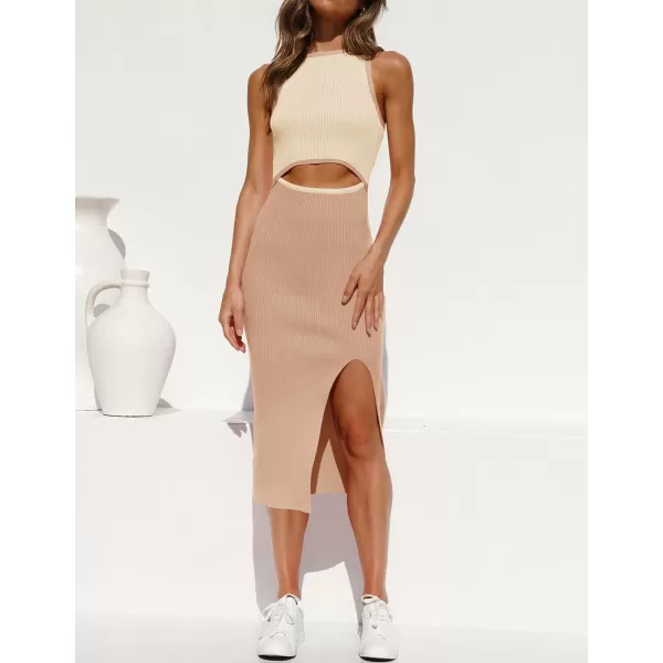 imageZESICA Womens Summer Bodycon Sweater Dress Sleeveless Crew Neck Cut Out Contrast Color Side Slit Pencil DressesKhaki
