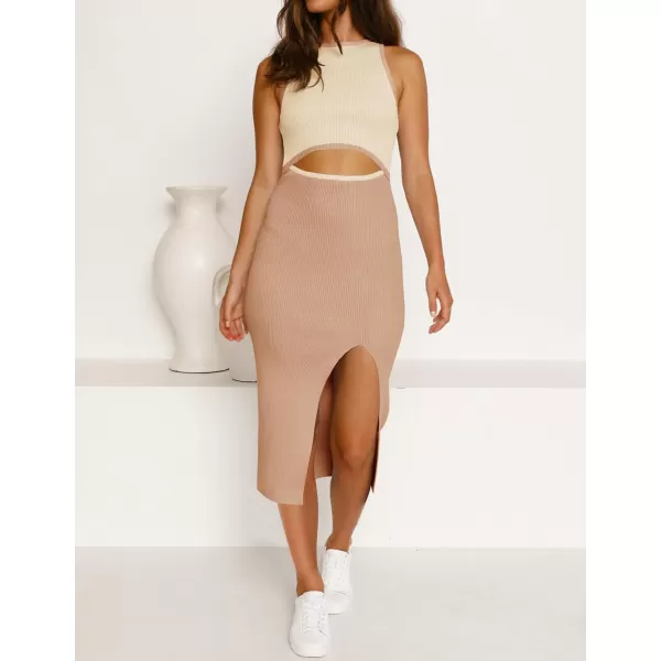 imageZESICA Womens Summer Bodycon Sweater Dress Sleeveless Crew Neck Cut Out Contrast Color Side Slit Pencil DressesKhaki