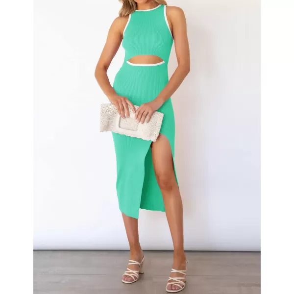 imageZESICA Womens Summer Bodycon Sweater Dress Sleeveless Crew Neck Cut Out Contrast Color Side Slit Pencil DressesLake