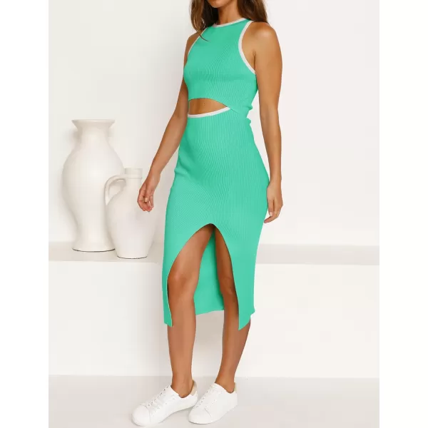 imageZESICA Womens Summer Bodycon Sweater Dress Sleeveless Crew Neck Cut Out Contrast Color Side Slit Pencil DressesLake