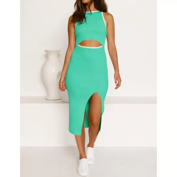imageZESICA Womens Summer Bodycon Sweater Dress Sleeveless Crew Neck Cut Out Contrast Color Side Slit Pencil DressesLake