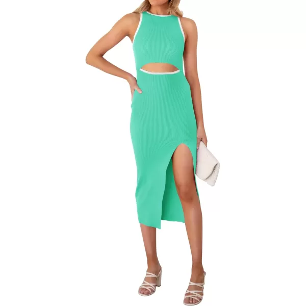 imageZESICA Womens Summer Bodycon Sweater Dress Sleeveless Crew Neck Cut Out Contrast Color Side Slit Pencil DressesLake