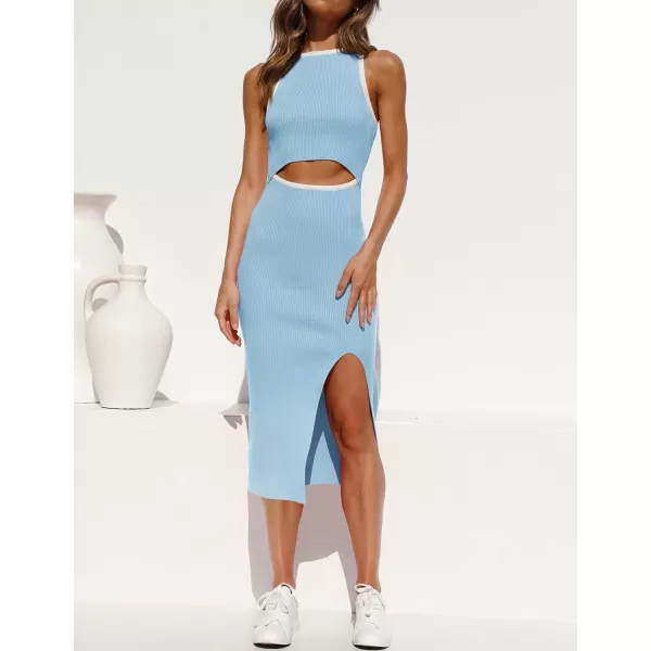 imageZESICA Womens Summer Bodycon Sweater Dress Sleeveless Crew Neck Cut Out Contrast Color Side Slit Pencil DressesLightblue