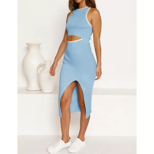 imageZESICA Womens Summer Bodycon Sweater Dress Sleeveless Crew Neck Cut Out Contrast Color Side Slit Pencil DressesLightblue