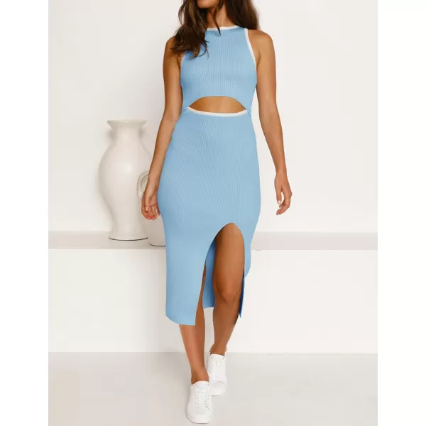 imageZESICA Womens Summer Bodycon Sweater Dress Sleeveless Crew Neck Cut Out Contrast Color Side Slit Pencil DressesLightblue