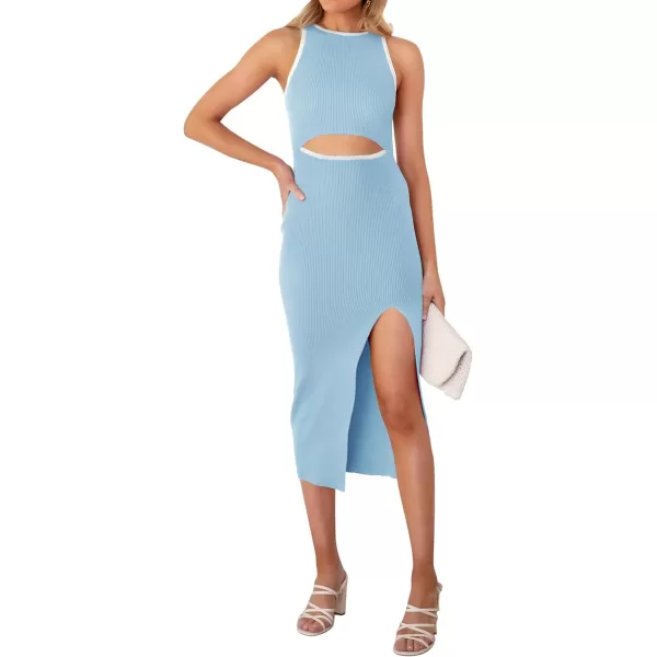 imageZESICA Womens Summer Bodycon Sweater Dress Sleeveless Crew Neck Cut Out Contrast Color Side Slit Pencil DressesLightblue