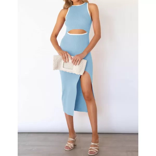 imageZESICA Womens Summer Bodycon Sweater Dress Sleeveless Crew Neck Cut Out Contrast Color Side Slit Pencil DressesLightblue