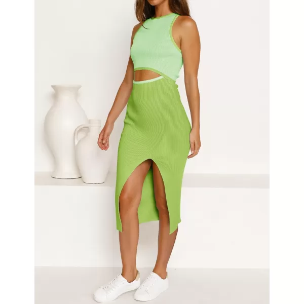 imageZESICA Womens Summer Bodycon Sweater Dress Sleeveless Crew Neck Cut Out Contrast Color Side Slit Pencil DressesLightgreen