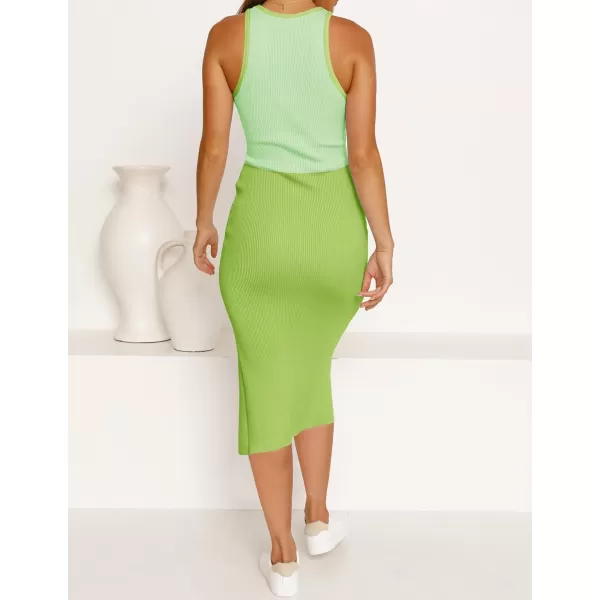 imageZESICA Womens Summer Bodycon Sweater Dress Sleeveless Crew Neck Cut Out Contrast Color Side Slit Pencil DressesLightgreen