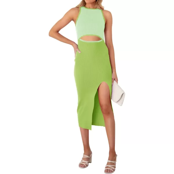 imageZESICA Womens Summer Bodycon Sweater Dress Sleeveless Crew Neck Cut Out Contrast Color Side Slit Pencil DressesLightgreen