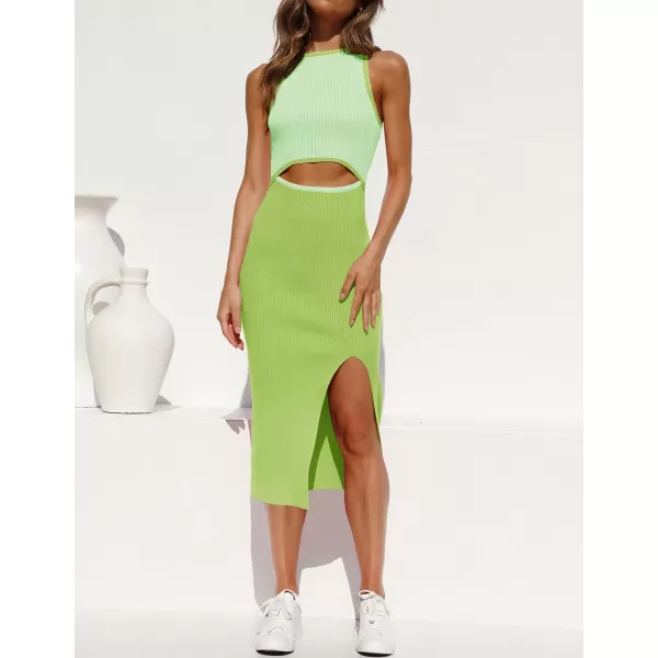 imageZESICA Womens Summer Bodycon Sweater Dress Sleeveless Crew Neck Cut Out Contrast Color Side Slit Pencil DressesLightgreen