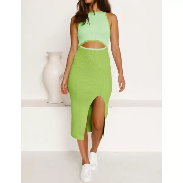 imageZESICA Womens Summer Bodycon Sweater Dress Sleeveless Crew Neck Cut Out Contrast Color Side Slit Pencil DressesLightgreen