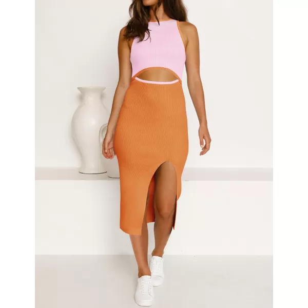 imageZESICA Womens Summer Bodycon Sweater Dress Sleeveless Crew Neck Cut Out Contrast Color Side Slit Pencil DressesOrange