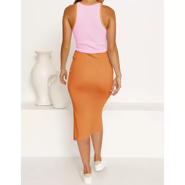 imageZESICA Womens Summer Bodycon Sweater Dress Sleeveless Crew Neck Cut Out Contrast Color Side Slit Pencil DressesOrange