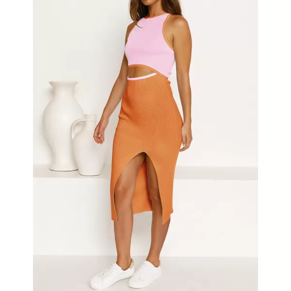imageZESICA Womens Summer Bodycon Sweater Dress Sleeveless Crew Neck Cut Out Contrast Color Side Slit Pencil DressesOrange