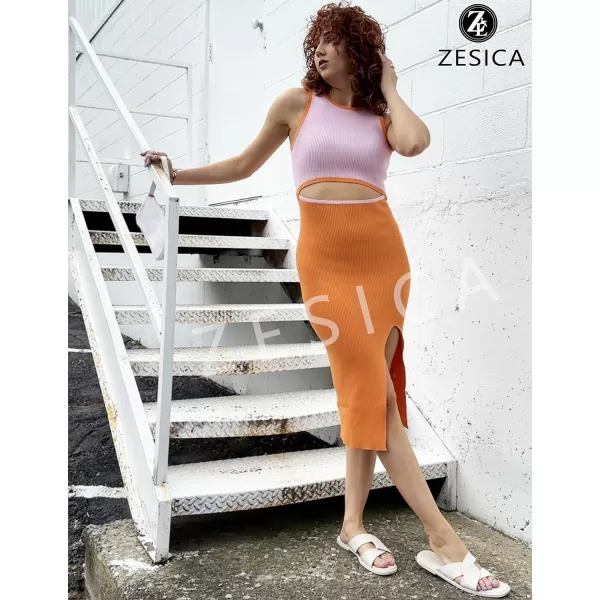 imageZESICA Womens Summer Bodycon Sweater Dress Sleeveless Crew Neck Cut Out Contrast Color Side Slit Pencil DressesOrange