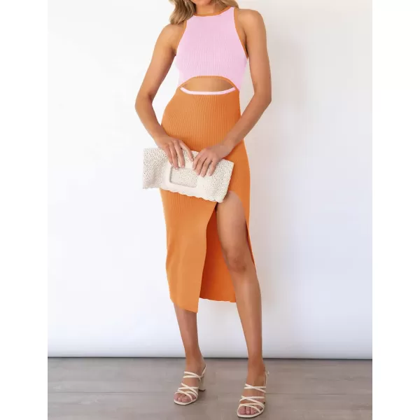 imageZESICA Womens Summer Bodycon Sweater Dress Sleeveless Crew Neck Cut Out Contrast Color Side Slit Pencil DressesOrange