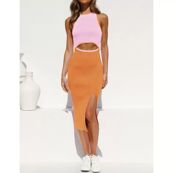 imageZESICA Womens Summer Bodycon Sweater Dress Sleeveless Crew Neck Cut Out Contrast Color Side Slit Pencil DressesOrange