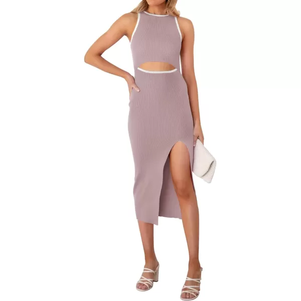 imageZESICA Womens Summer Bodycon Sweater Dress Sleeveless Crew Neck Cut Out Contrast Color Side Slit Pencil DressesPurple