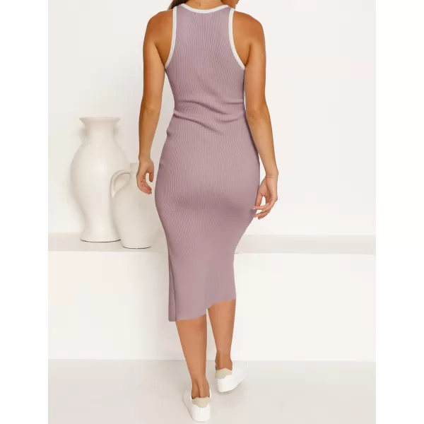 imageZESICA Womens Summer Bodycon Sweater Dress Sleeveless Crew Neck Cut Out Contrast Color Side Slit Pencil DressesPurple