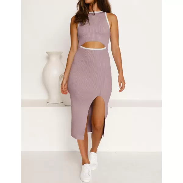 imageZESICA Womens Summer Bodycon Sweater Dress Sleeveless Crew Neck Cut Out Contrast Color Side Slit Pencil DressesPurple