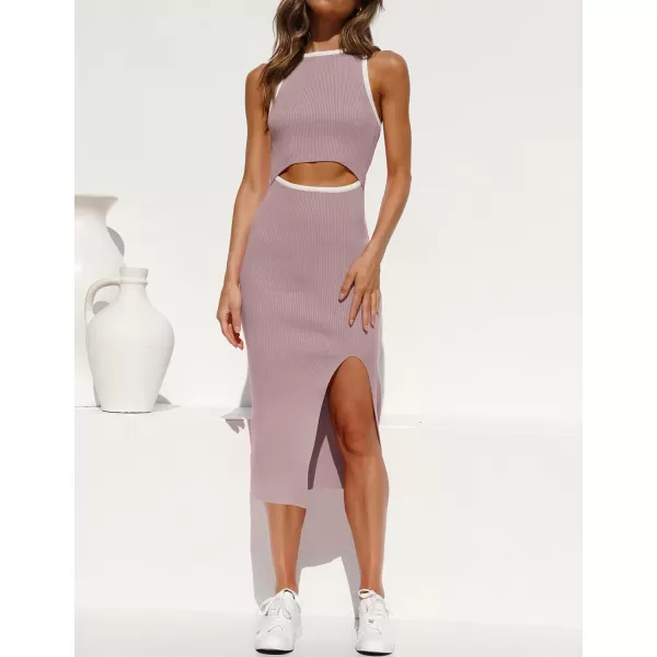 imageZESICA Womens Summer Bodycon Sweater Dress Sleeveless Crew Neck Cut Out Contrast Color Side Slit Pencil DressesPurple