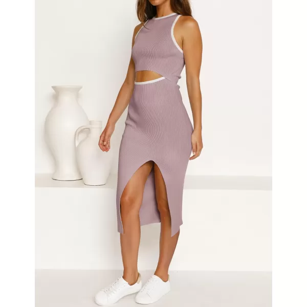 imageZESICA Womens Summer Bodycon Sweater Dress Sleeveless Crew Neck Cut Out Contrast Color Side Slit Pencil DressesPurple