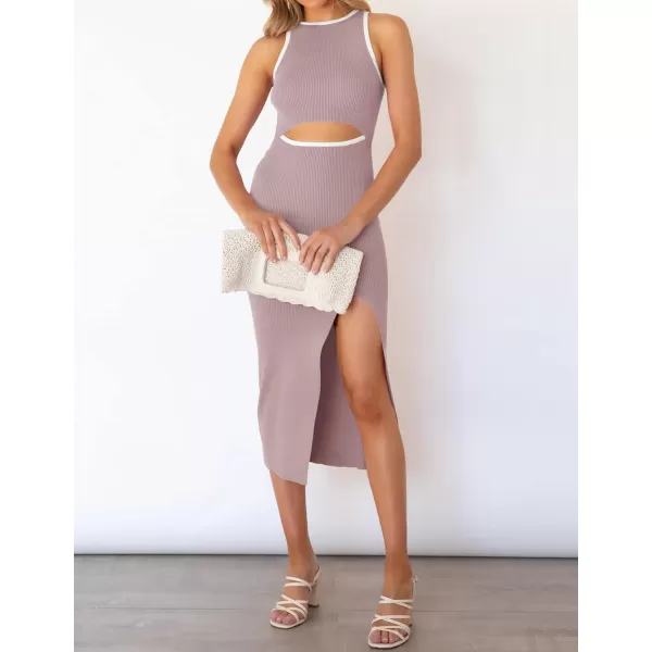 imageZESICA Womens Summer Bodycon Sweater Dress Sleeveless Crew Neck Cut Out Contrast Color Side Slit Pencil DressesPurple