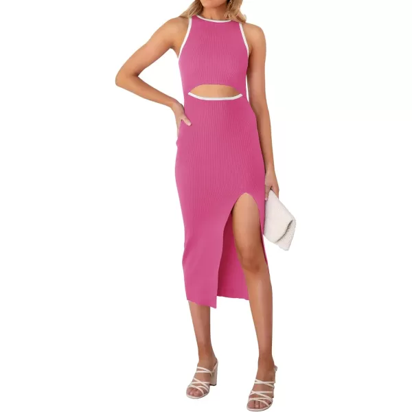 imageZESICA Womens Summer Bodycon Sweater Dress Sleeveless Crew Neck Cut Out Contrast Color Side Slit Pencil DressesRose