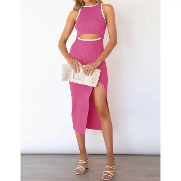 imageZESICA Womens Summer Bodycon Sweater Dress Sleeveless Crew Neck Cut Out Contrast Color Side Slit Pencil DressesRose