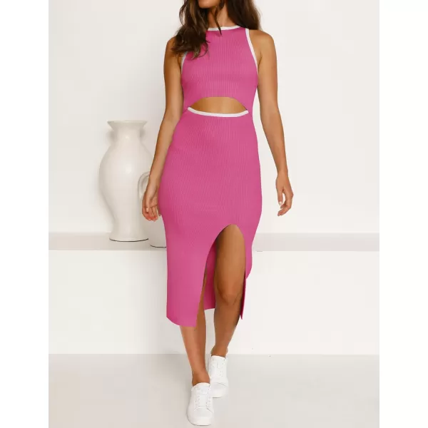 imageZESICA Womens Summer Bodycon Sweater Dress Sleeveless Crew Neck Cut Out Contrast Color Side Slit Pencil DressesRose