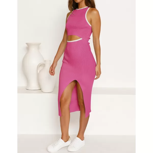 imageZESICA Womens Summer Bodycon Sweater Dress Sleeveless Crew Neck Cut Out Contrast Color Side Slit Pencil DressesRose