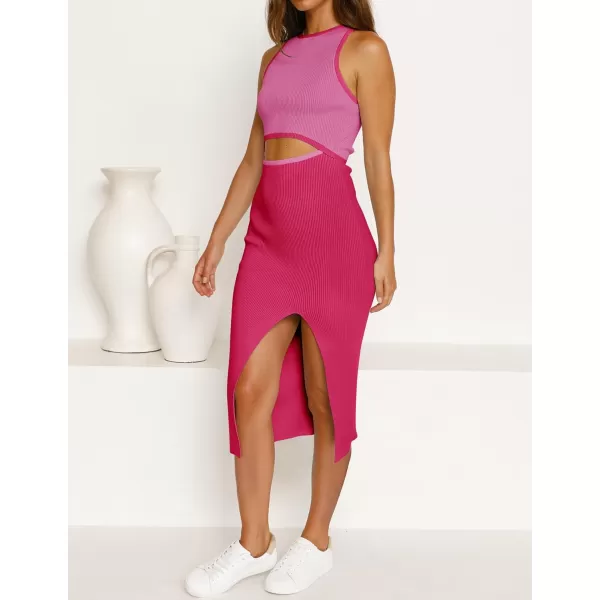 imageZESICA Womens Summer Bodycon Sweater Dress Sleeveless Crew Neck Cut Out Contrast Color Side Slit Pencil DressesRosepink