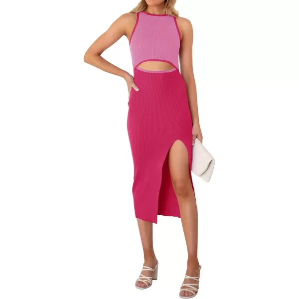 imageZESICA Womens Summer Bodycon Sweater Dress Sleeveless Crew Neck Cut Out Contrast Color Side Slit Pencil DressesRosepink