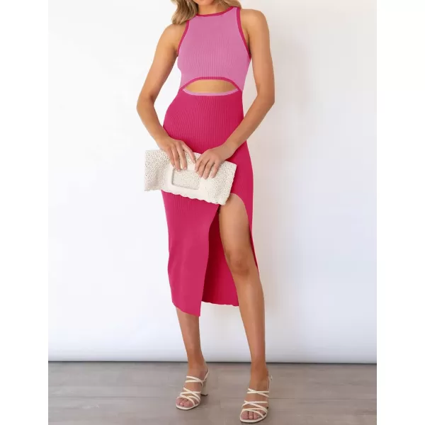 imageZESICA Womens Summer Bodycon Sweater Dress Sleeveless Crew Neck Cut Out Contrast Color Side Slit Pencil DressesRosepink