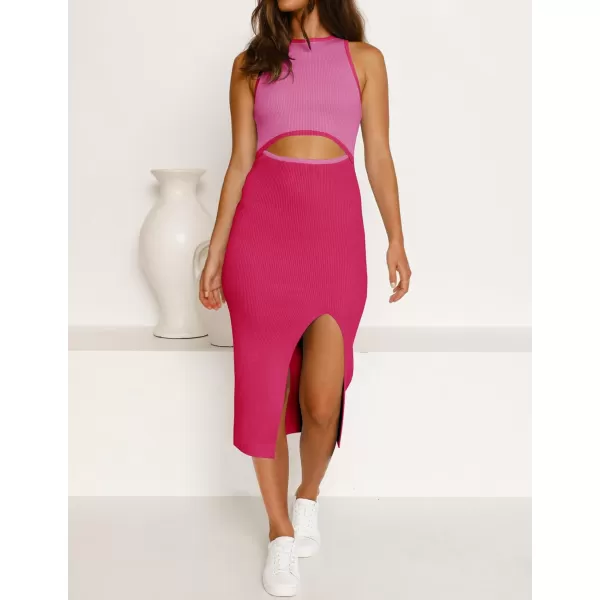 imageZESICA Womens Summer Bodycon Sweater Dress Sleeveless Crew Neck Cut Out Contrast Color Side Slit Pencil DressesRosepink