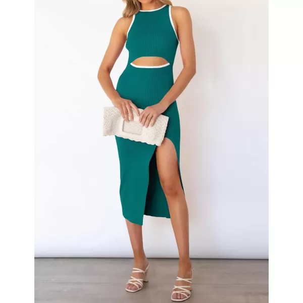 imageZESICA Womens Summer Bodycon Sweater Dress Sleeveless Crew Neck Cut Out Contrast Color Side Slit Pencil DressesTeal