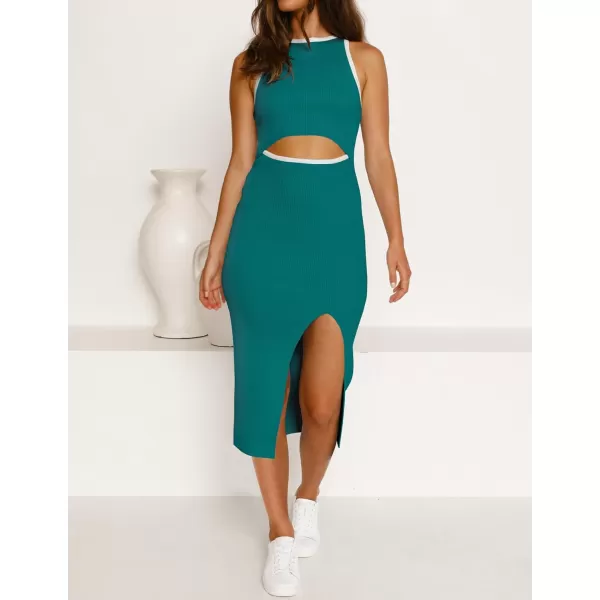 imageZESICA Womens Summer Bodycon Sweater Dress Sleeveless Crew Neck Cut Out Contrast Color Side Slit Pencil DressesTeal