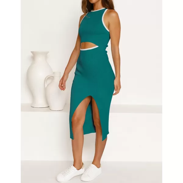 imageZESICA Womens Summer Bodycon Sweater Dress Sleeveless Crew Neck Cut Out Contrast Color Side Slit Pencil DressesTeal