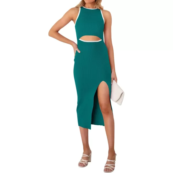 imageZESICA Womens Summer Bodycon Sweater Dress Sleeveless Crew Neck Cut Out Contrast Color Side Slit Pencil DressesTeal