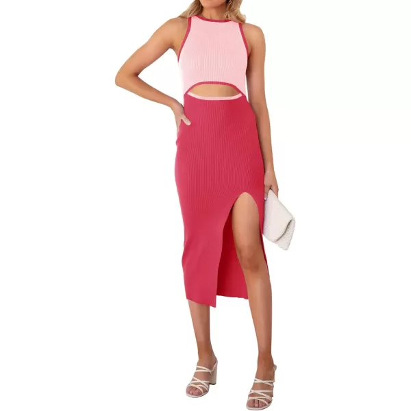 imageZESICA Womens Summer Bodycon Sweater Dress Sleeveless Crew Neck Cut Out Contrast Color Side Slit Pencil DressesWatermelon
